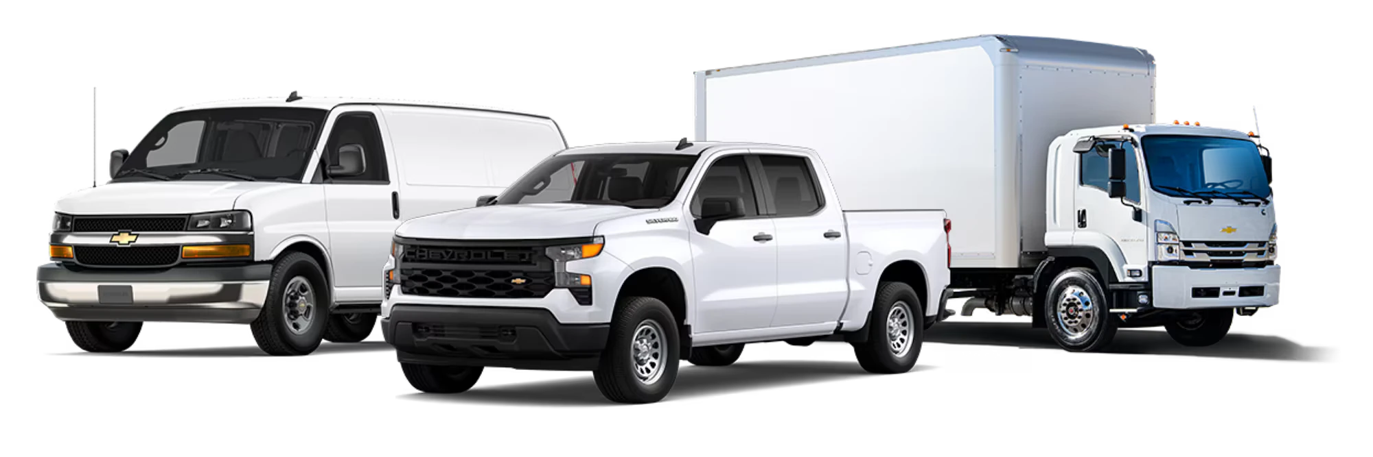 A lineup of Chevrolet commercial vehicles for sale at Garber Chevrolet in Midland, MI.