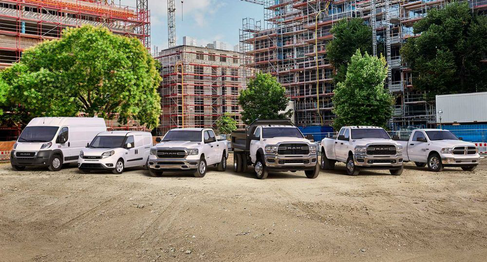 A Ram commercial vehicle lineup at a construction site in Garner, NC.