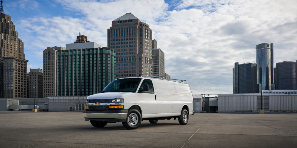 White Chevy Cargo van in the city