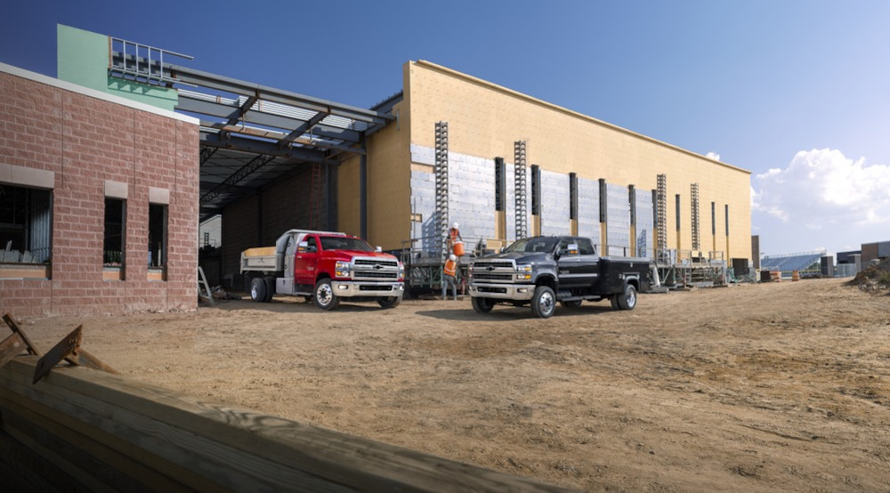 Silverado 5500 work trucks on a construction site