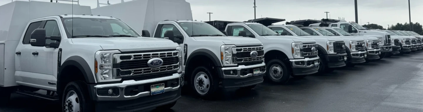 A Ford commercial vehicle lineup at Pittsville Ford in Maryland, featuring enclosed service bodies, dump trucks, and more.