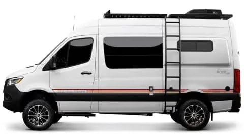 Side profile of a white Storyteller Overland Classic MODE van, highlighting its clean design and integrated ladder, available at Mercedes-Benz of Birmingham.