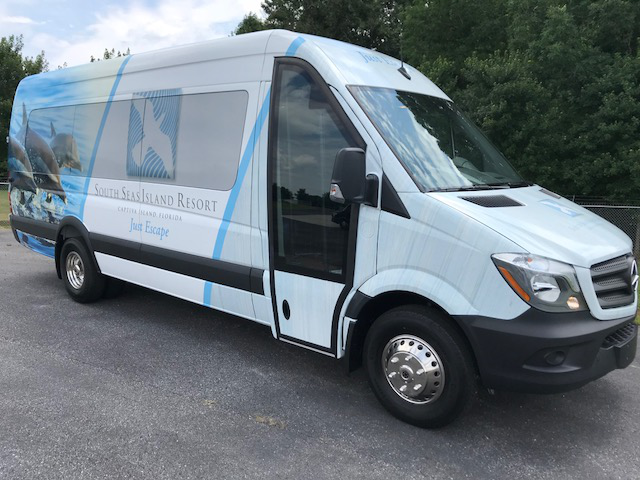 LA West Luxury Coach van with resort branding, ideal for hotel shuttles from Mercedes-Benz of Birmingham.