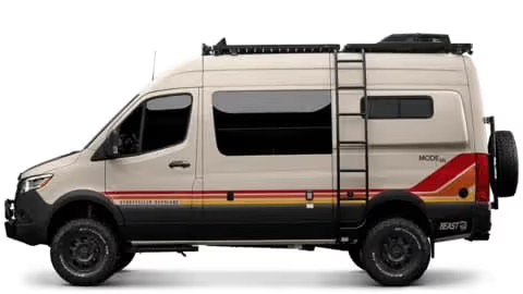 Side profile of a Storyteller Overland Beast MODE van in a light color with distinctive red and orange stripes, showcasing its rugged design and roof rack.