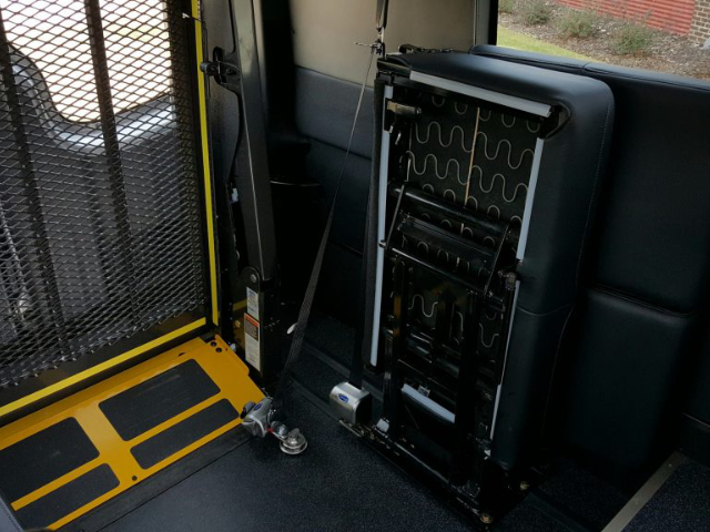 LA West Luxury Coach interior with wheelchair lift and flexible seating options, available at Mercedes-Benz of Birmingham.