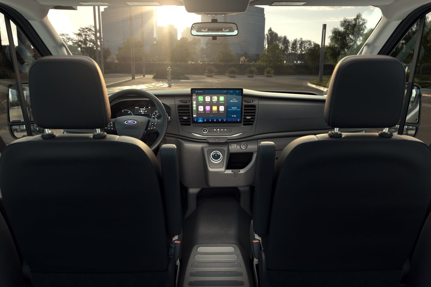 The large touchscreen display in a Ford E-Transit, providing navigation and vehicle information.