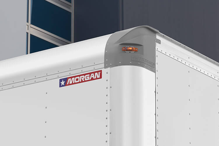 Close-up of the strategically placed reflectors on the rear frame of a Morgan ProScape box truck.